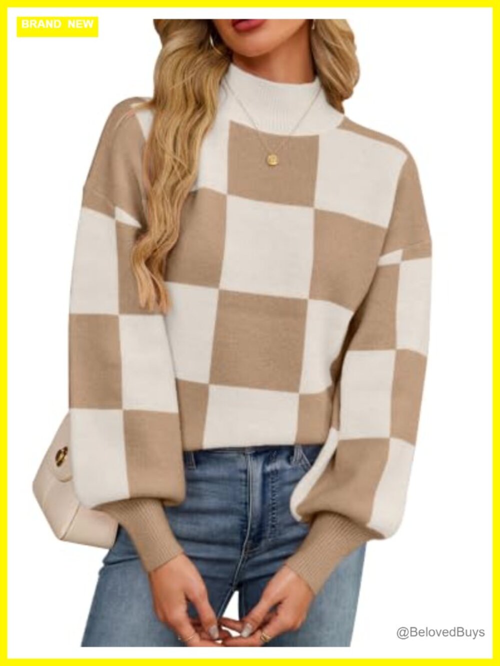 Oversized Checkered Mock Neck Knit Pullover Sweater